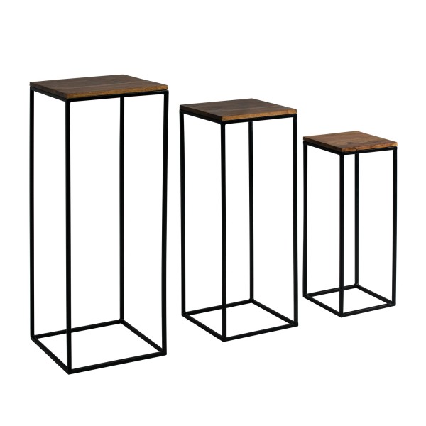 wonido Design Beistelltisch 3er-Set Sheesham Massivholz/Metall, Quadratisch, Blumentisch