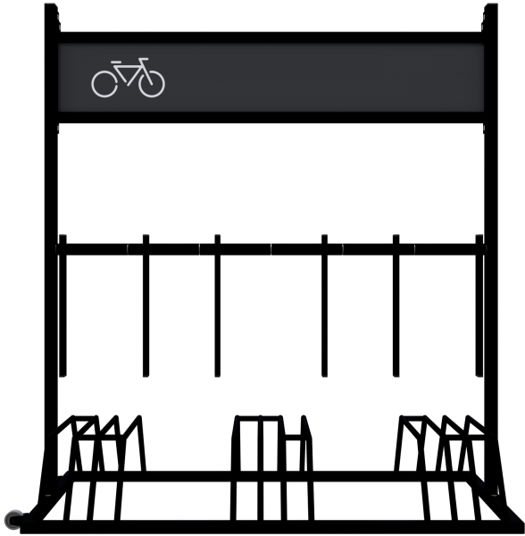 Mobiler Fahrradständer, mit Werbeschild und Transportrollen, aus Stahl, feuerverzinkt und pulverbeschichtet RAL 9005